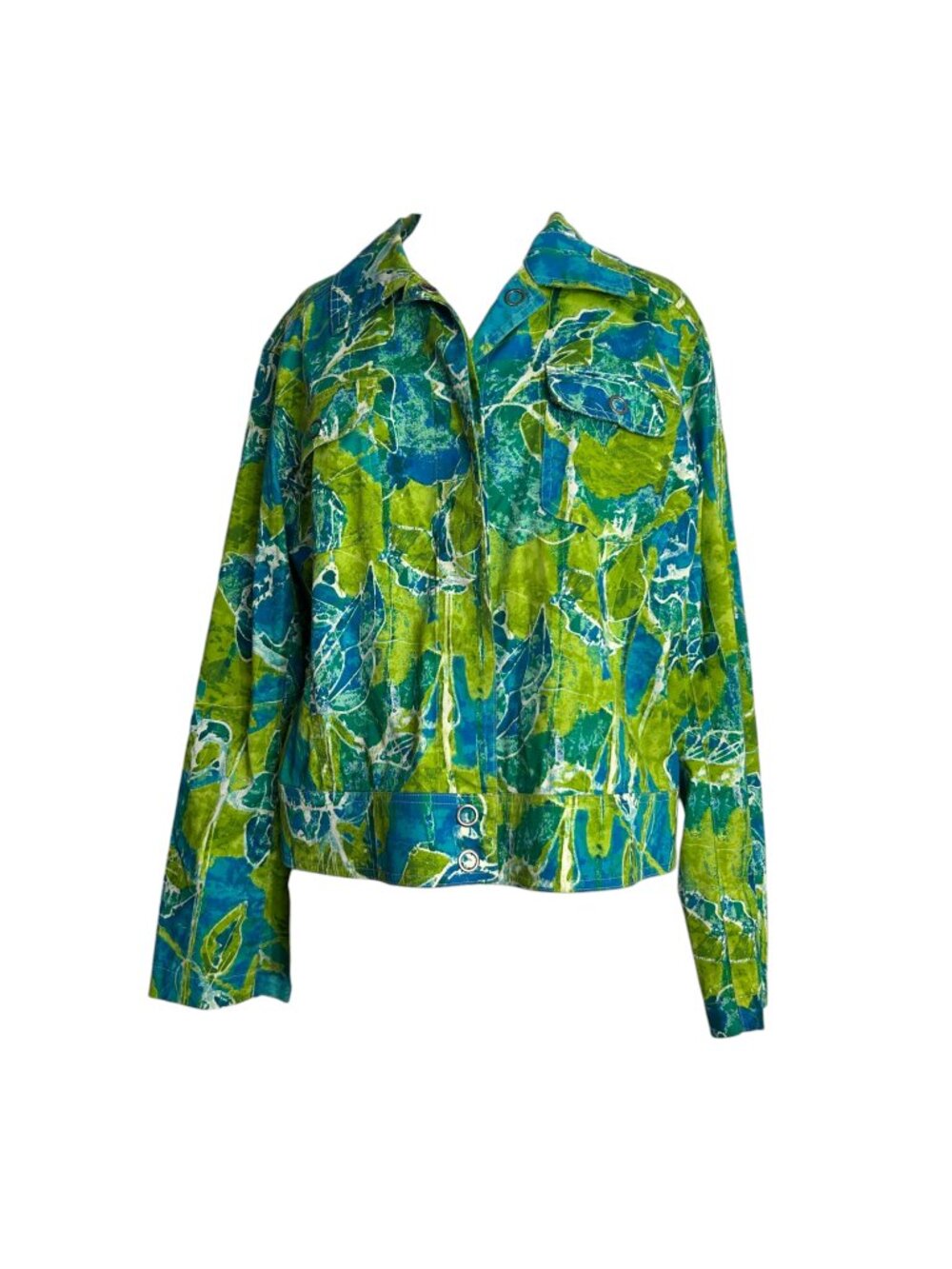 Chicos Womens Size Medium Blue Green Floral Cotton Stretch Jacket Snap Front